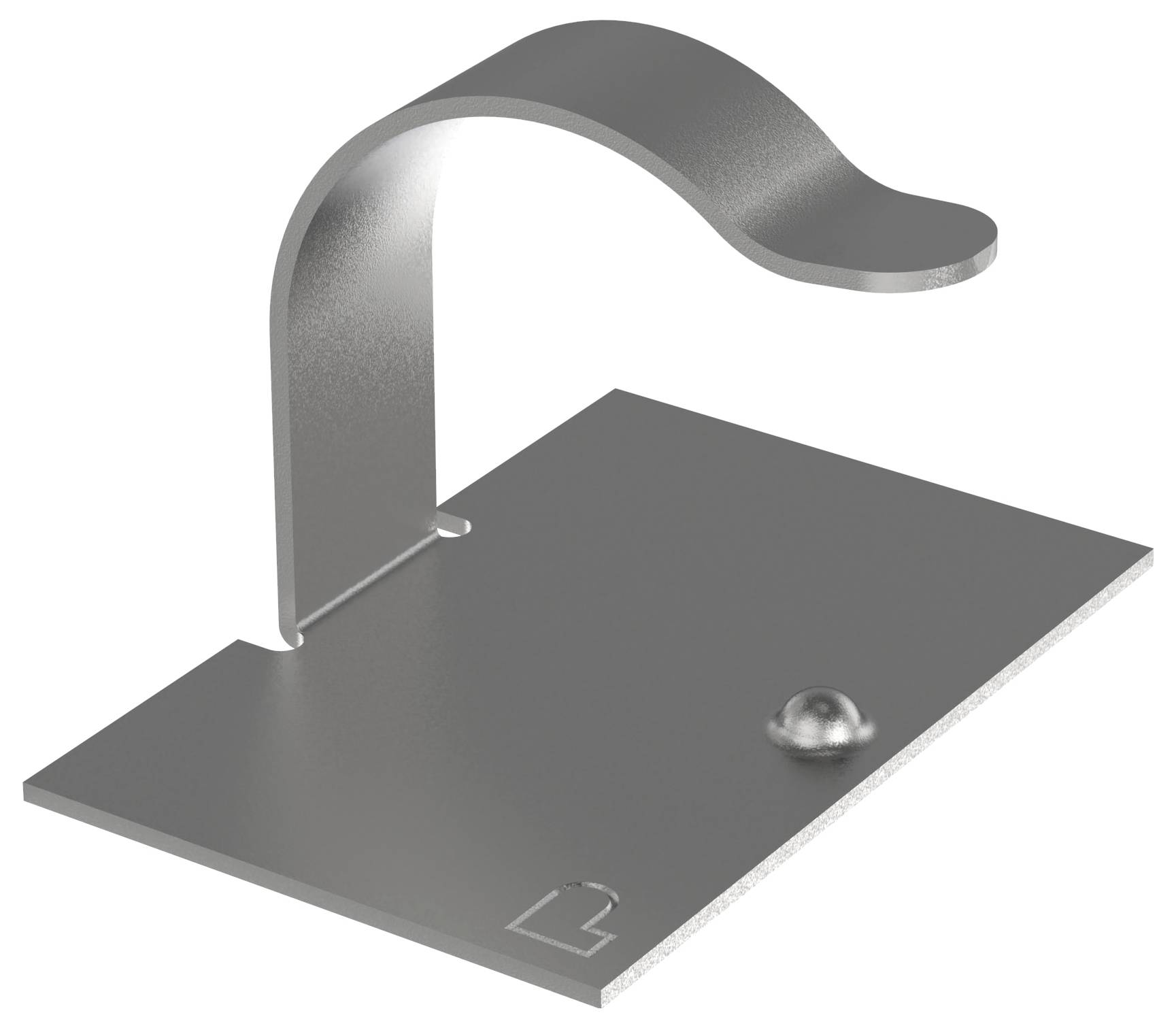 Prosty metalowy przedmiot o płaskiej podstawie i zakrzywistym haku na górze, prawdopodobnie używany jako uchwyt montażowy lub do zawieszania.