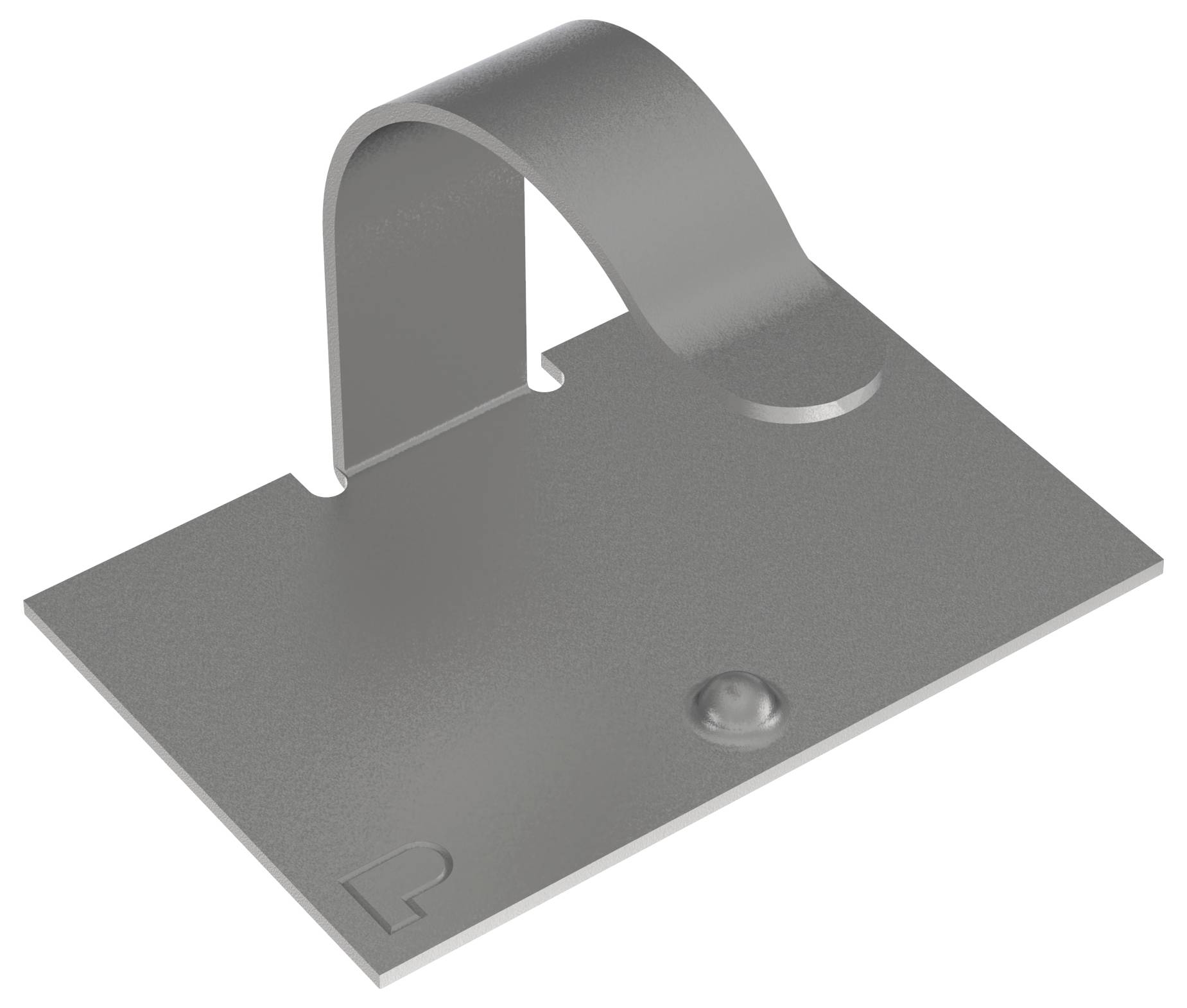 Metalowy uchwyt w kształcie C z hakiem, osadzony na płaskiej podstawie, z małym podniesionym wybrzuszeniem i wytłoczonym napisem 'P' po jednej stronie.