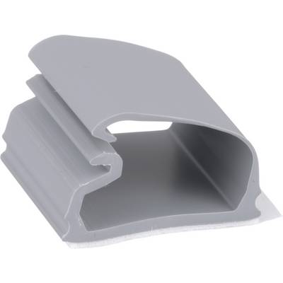 Szara plastikowa spinka o otwartej, wygiętej konstrukcji, używana do łączenia różnych przedmiotów.