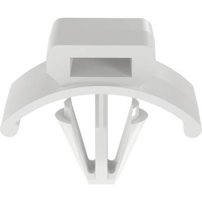 Renderowany model 3D białego plastikowego sworznia wciskanego o pustym prostokątnym wierzchołku, zakrzywionej krawędzi i rozdzielonych, zwężających się nogach, zaprojektowany do wkładania w otwór.