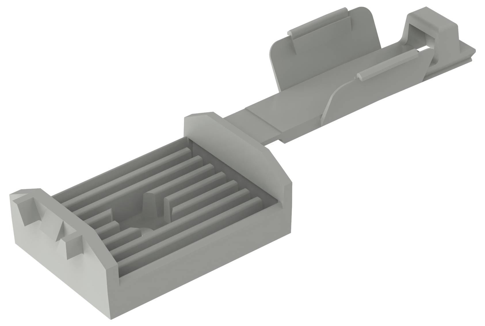 Szara plastikowa spinka do przewodów z otworami do mocowania i organizacji kabli.