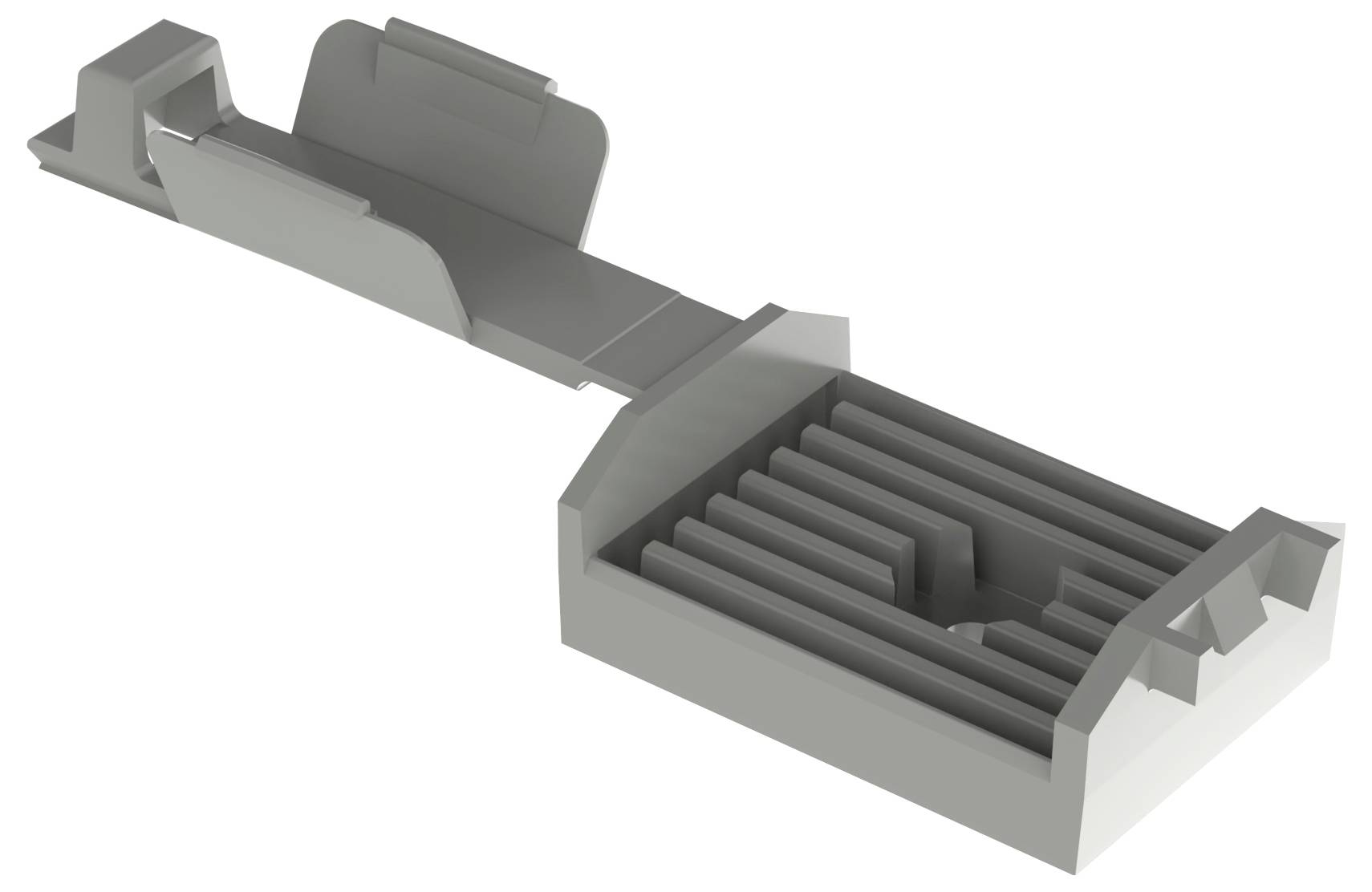 Szara plastikowa spinka z prostokątną, krateczkowaną podstawą i skośnymi bokami, przeznaczona do mocowania lub przytrzymywania przedmiotów.