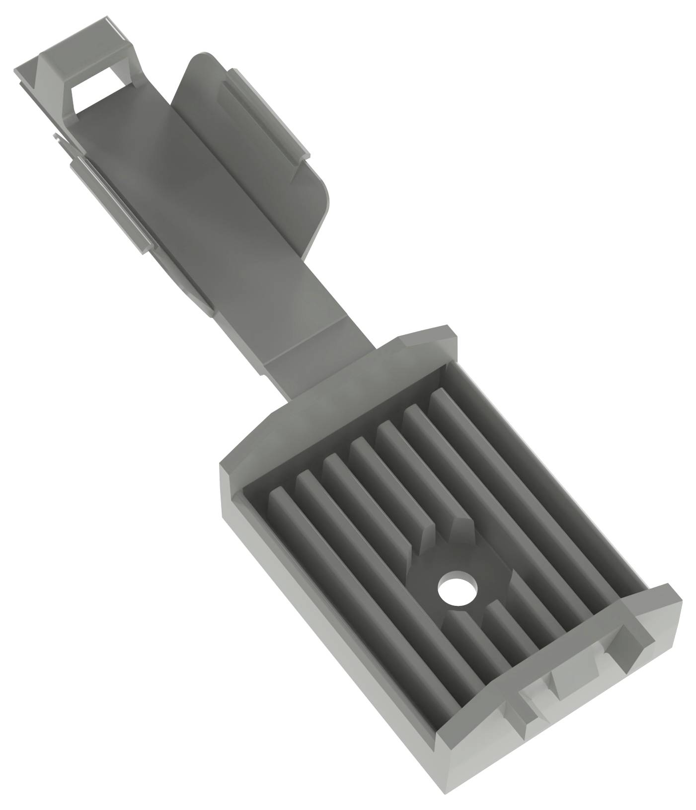 Plastikowy, szary uchwyt naścienny z żebrowaną podstawą i zaciskowym przedłużeniem do mocowania urządzeń lub narzędzi.