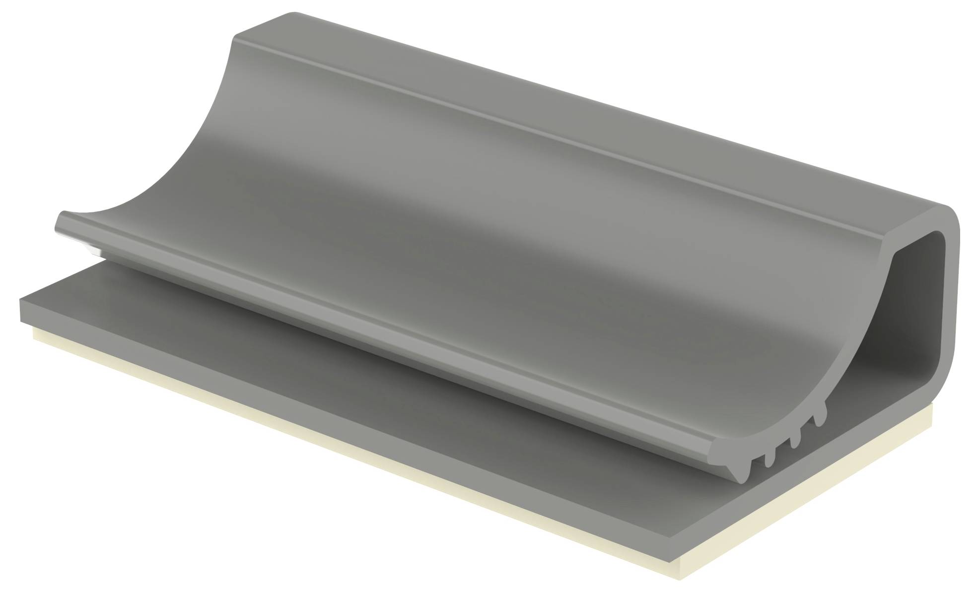 Szara plastikowa lub metalowa wspornikowa szyna montażowa z zakrzywionym górnym odcinkiem i płaską podstawą, przeznaczona do mocowania lub zabezpieczania obiektów.