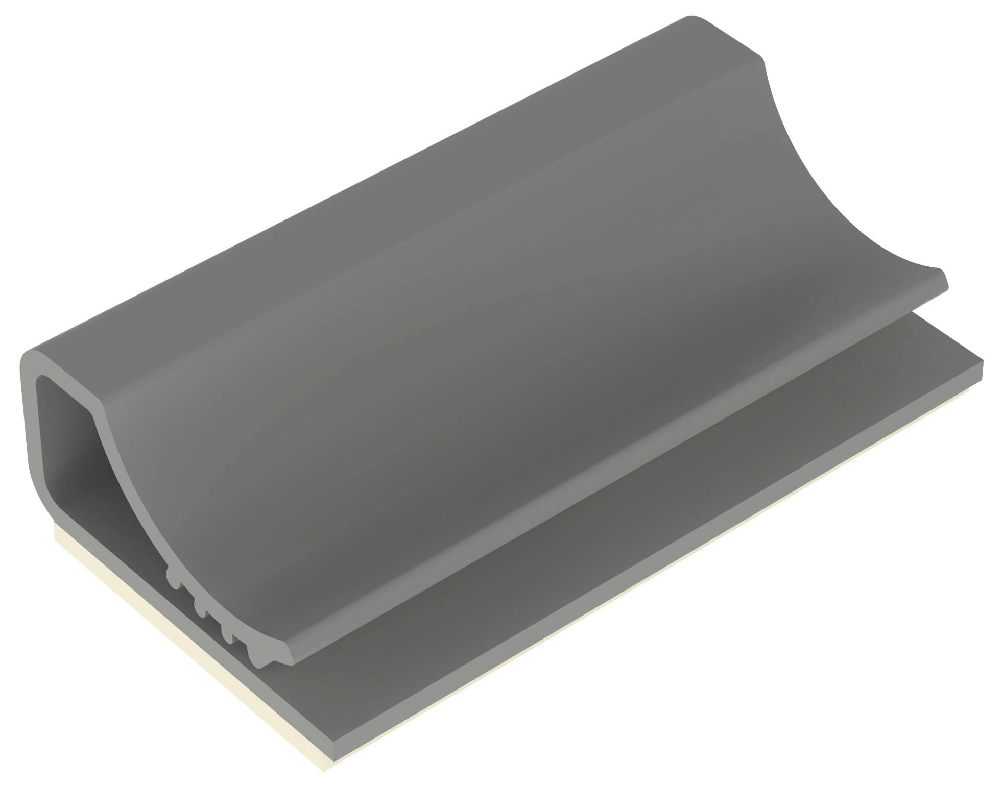 Szary, zakrzywiony uszczelniacz gumowy do drzwi widziany pod kątem, pokazujący jego pustą przestrzeń wewnętrzną oraz płaską podstawę przeznaczoną do mocowania na krawędziach drzwi.