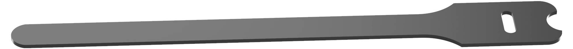 Cienki, płaski, szary metalowy łom z wygiętym końcem i otworem w pobliżu przeciwległego końca, używany do dźwigania lub podnoszenia przedmiotów.