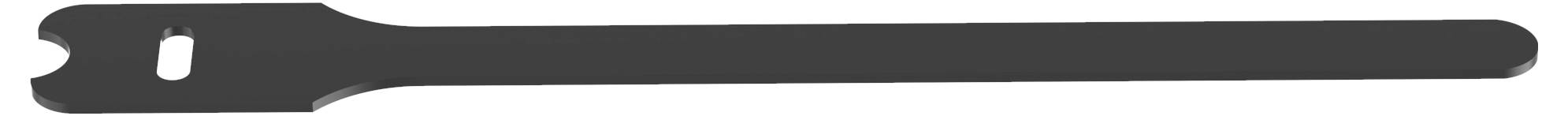 Czarny, płaski, wydłużony metalowy narzędzie z ząbkowanym końcem, używane do regulacji lub usuwania określonych elementów lub mocowań.