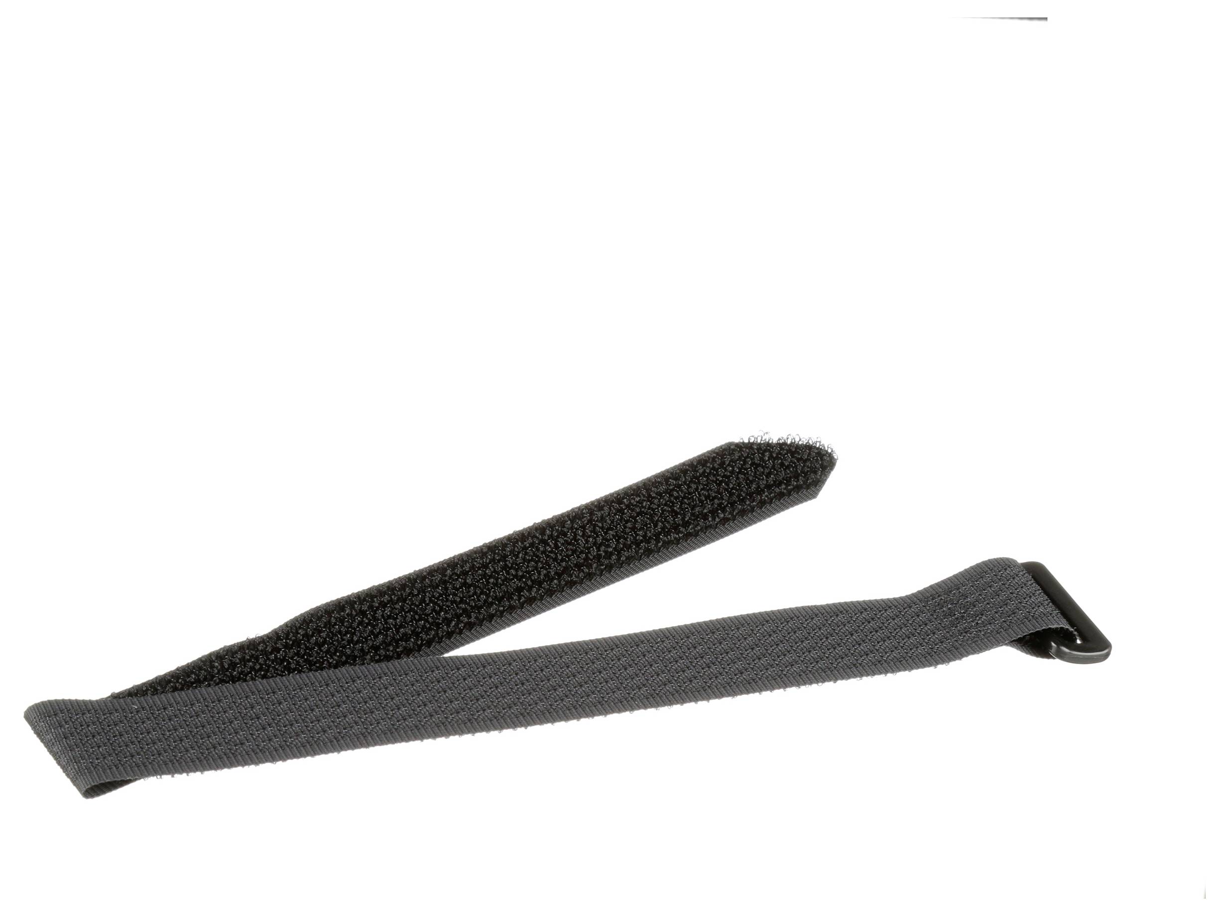 Czarny pasek z rzepem z elementem zapinanym na haczyk i pętelkę, przedstawiony na białym tle.