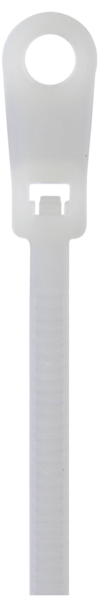 Biała opaska zaciskowa z pętlą na jednym końcu do mocowania, powszechnie stosowana do wiązania przewodów lub zabezpieczania przedmiotów.