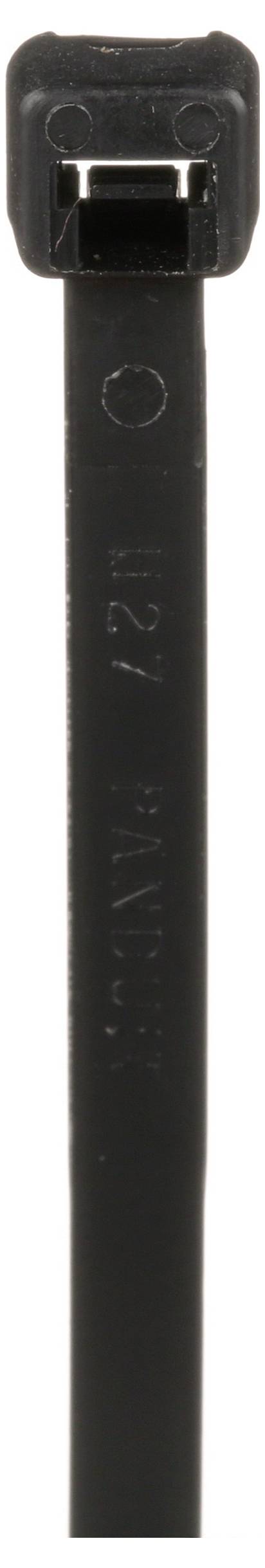 Czarna opaska zaciskowa z mechanizmem blokującym na górze, zazwyczaj używana do wiązania lub zabezpieczania przewodów i kabli.