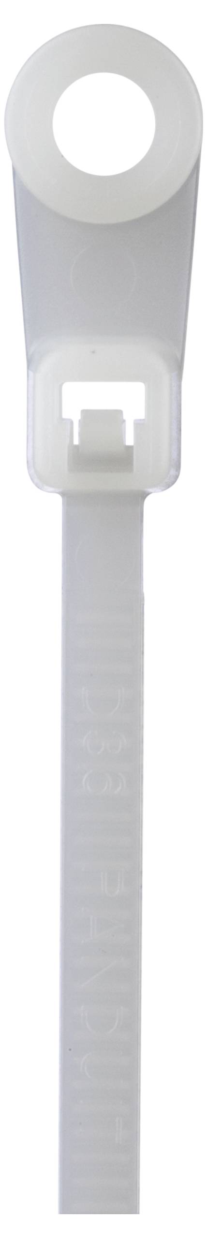 Biała plastikowa opaska kablowa z pętlą na górze i mechanizmem zatrzaskowym do mocowania przewodów.