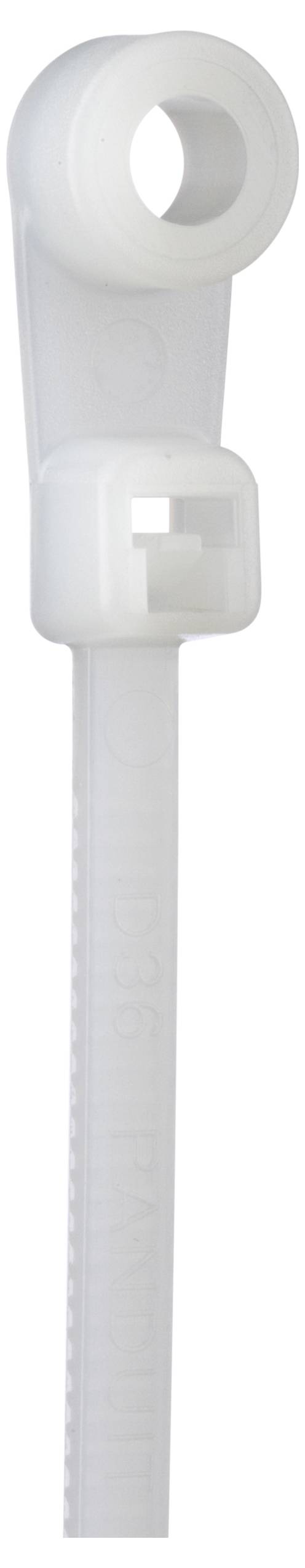 Biała opaska kablowa z otworem montażowym na wkręt u góry, służąca do mocowania i organizacji przewodów.