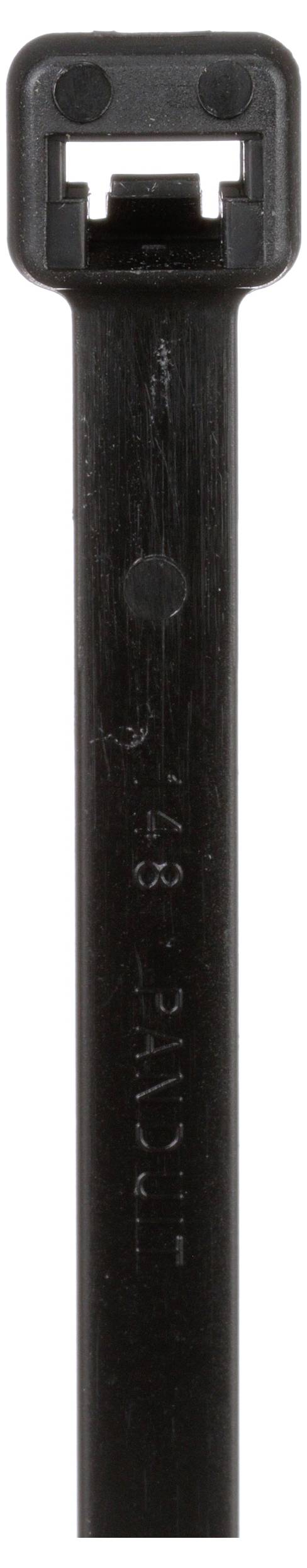 Czarna opaska zaciskowa przedstawiona, używana do mocowania kabli lub przewodów. Główka posiada małą kwadratową dziurkę do przeprowadzenia i zablokowania paska.