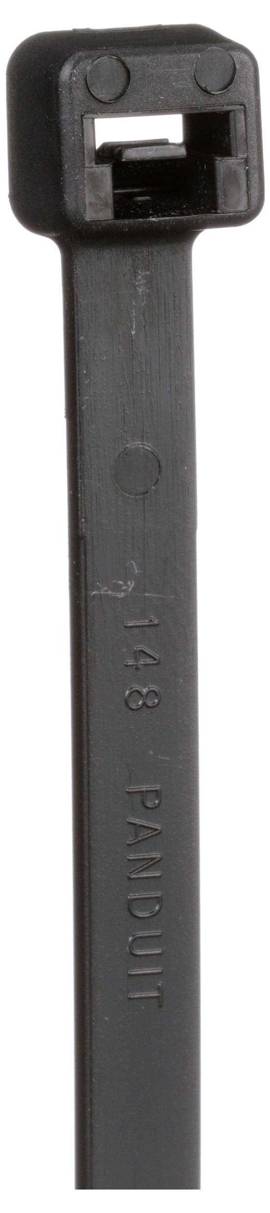 Czarna opaska zaciskowa z kwadratową główką do mocowania przewodów, na której widnieje marka 'Panduit' oraz numer '148' wytłoczony na pasku.