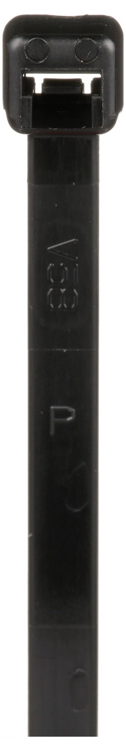 Zbliżenie obrazu czarnego opaska kablowa służącej do organizacji i mocowania przewodów, z mechanizmem blokującym na górze.