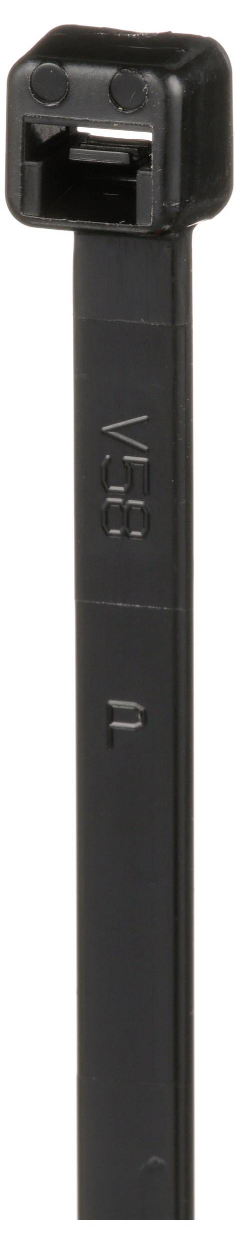 Czarna opaska zaciskowa, używana do mocowania przedmiotów, z mechanizmem blokującym na górze.