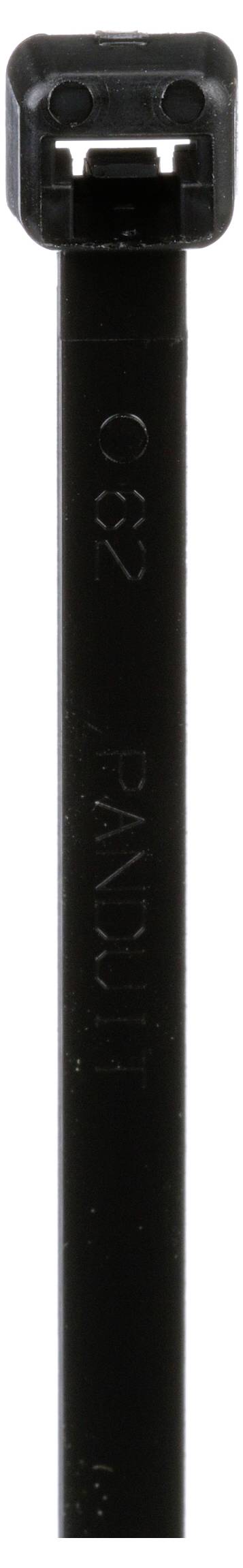 Czarna opaska zaciskowa z logo 'Panduit', przeznaczona do wiązania przewodów lub mocowania przedmiotów, sfotografowana na pustym tle.