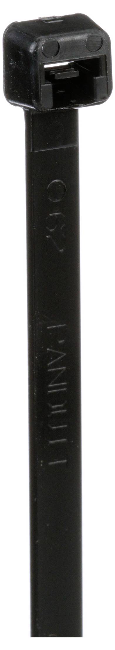 Czarna plastikowa opaska zaciskowa z mechanizmem zatrzaskowym na górze do mocowania przedmiotów.