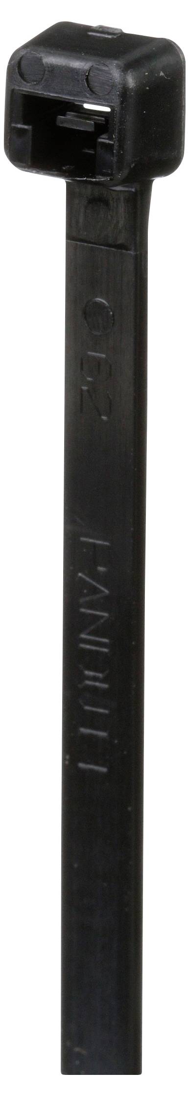 Czarna opaska zaciskowa z kwadratową głowicą blokującą, używana do wiązania przewodów i łączenia elementów.