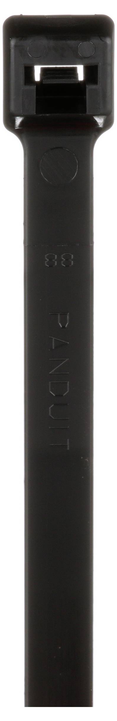 Czarna nylonowa opaska zaciskowa z prostokątną główką do mocowania przedmiotów.