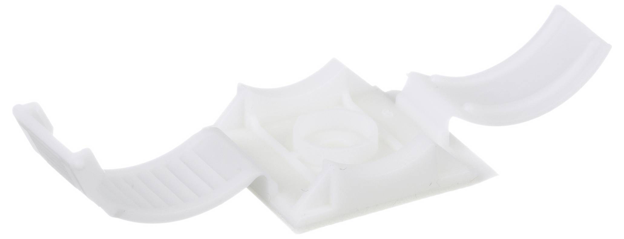 Biała plastikowa klips do zarządzania kablami z trzema zakrzywionymi, elastycznymi ramionami do organizacji i mocowania przewodów.