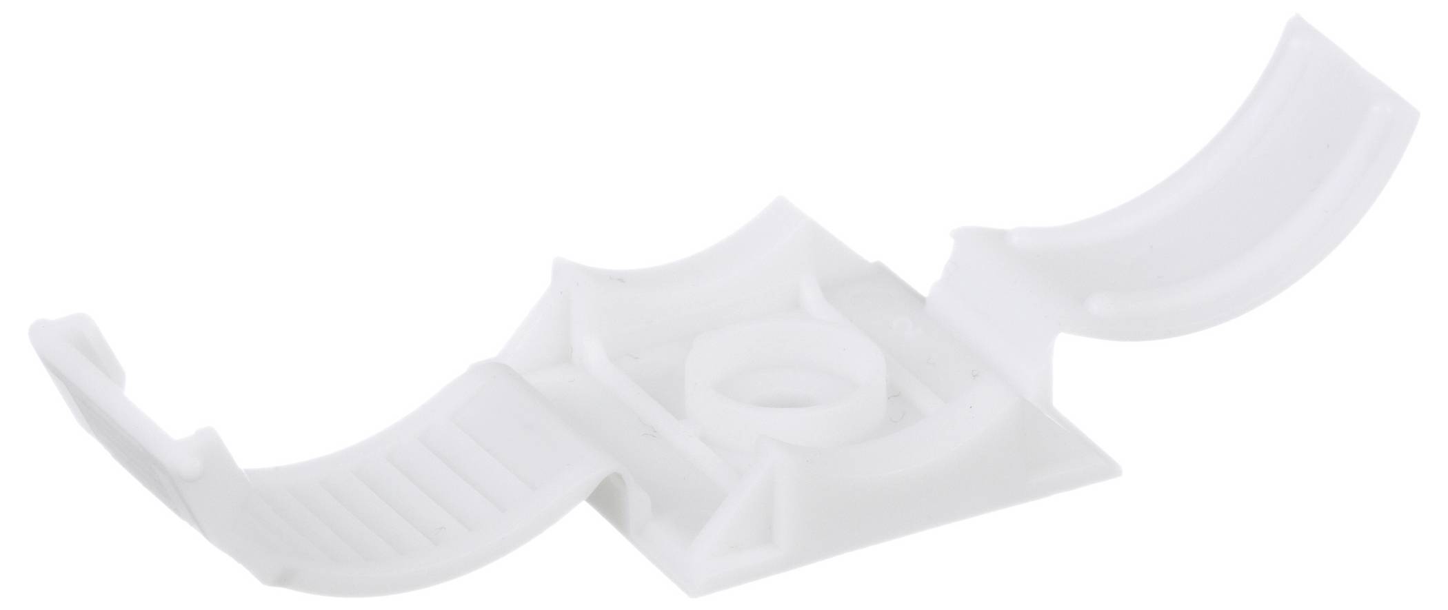 Biała plastikowa klamerka z podstawą i dwoma zakrzywionymi ramionami przeznaczona do mocowania kabli lub przewodów.