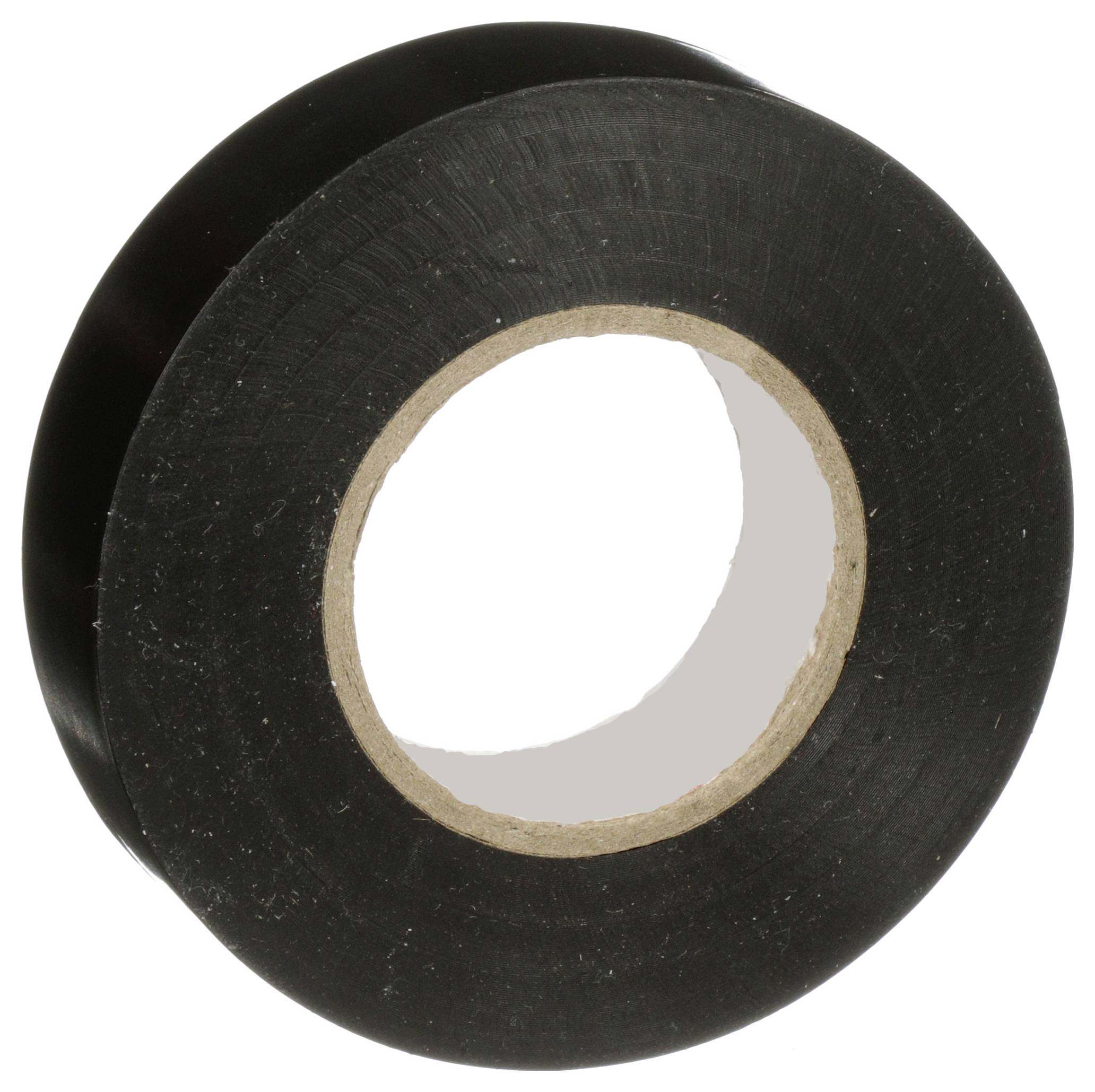 Rolka czarnej taśmy elektroizolacyjnej, używanej do izolowania przewodów i kabli elektrycznych, ustawiona na czystym białym tle.