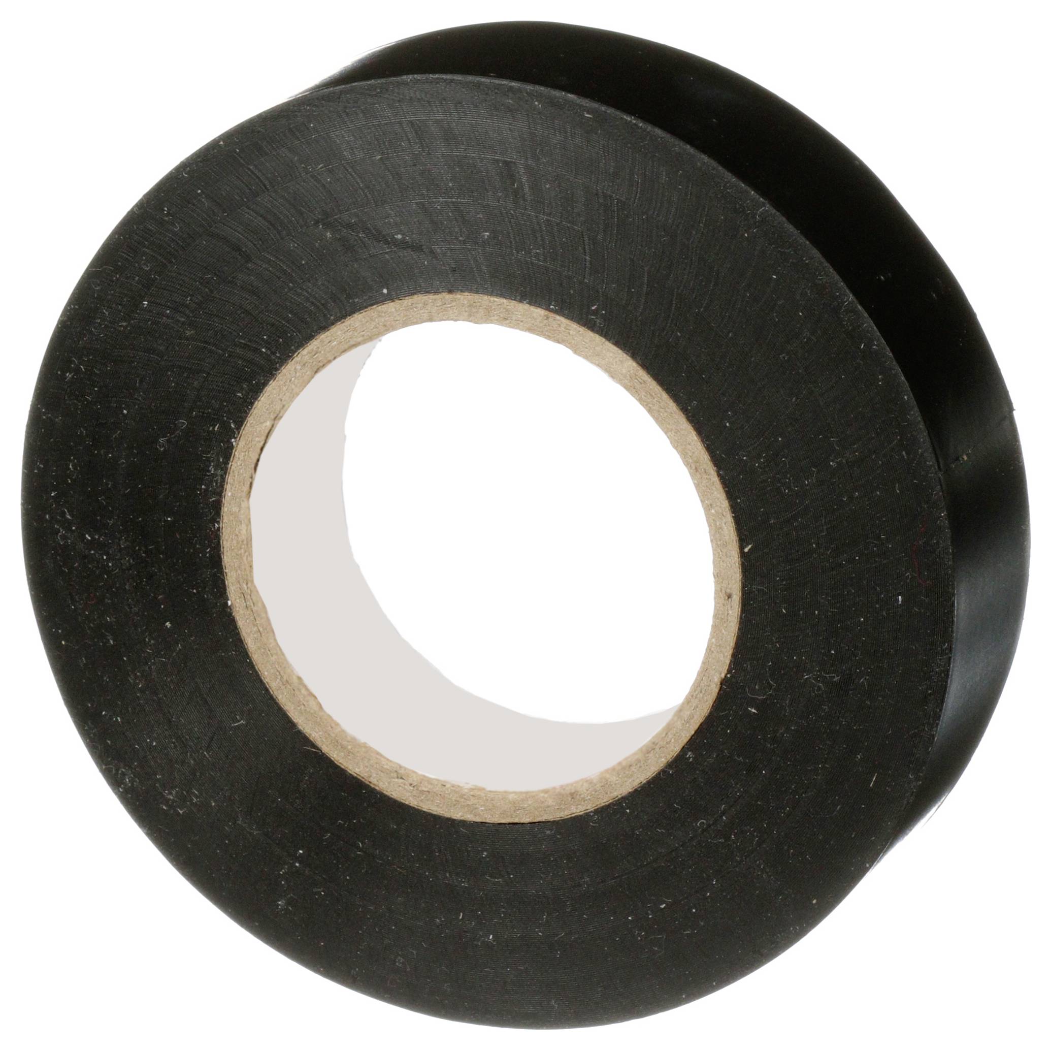 Rolka czarnej taśmy elektroizolacyjnej sfotografowana pod kątem, ukazująca wewnętrzną stronę z widoczną warstwą klejącą, na neutralnym tle.
