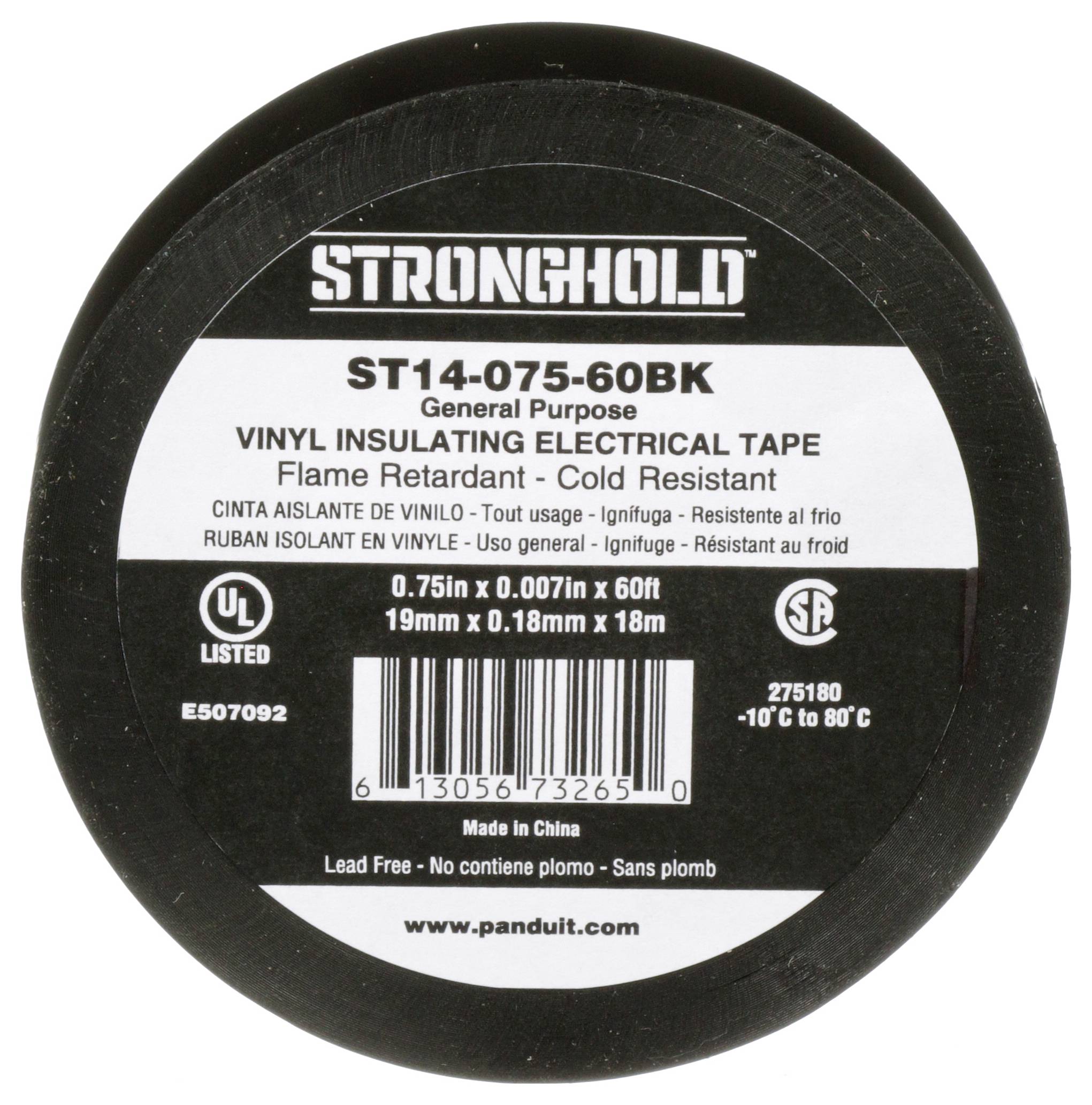 Rolka czarnej winylowej taśmy izolacyjnej oznaczona 'Stronghold ST14-075-60BK', odporna na płomienie i zimno, wytrzymała w temperaturach od -10°C do 80°C.
