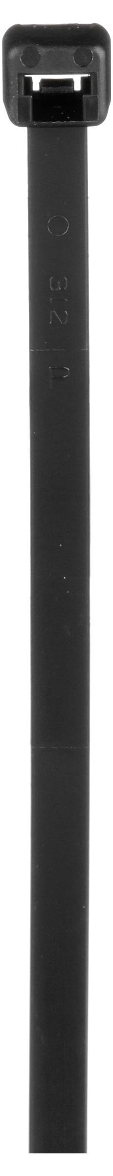 Pojedynczy czarny opaska zaciskowa z prostokątną główką, używana do mocowania kabli lub łączenia obiektów.