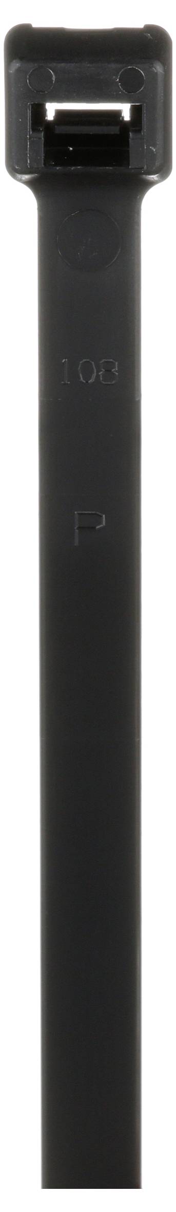 Czarna opaska zaciskowa z prostokątną główką, przeznaczona do mocnego spinania i łączenia obiektów.