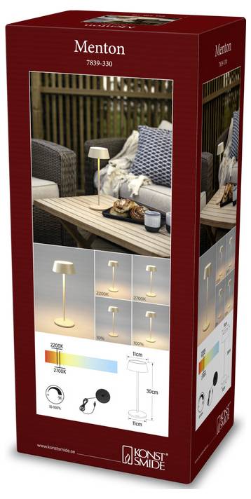 Pudełko lampy 'Menton' firmy Konst Smide, prezentujące zdjęcia lampy w przytulnym otoczeniu na świeżym powietrzu oraz diagramy przedstawiające wymiary i cechy produktu.