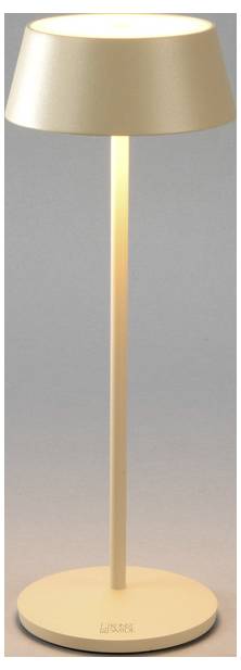 Nowoczesna, beżowa lampa stojąca z cylindryczną podstawą i lekko zwężonym kloszem, rzucająca ciepłe światło w minimalistycznym stylu.