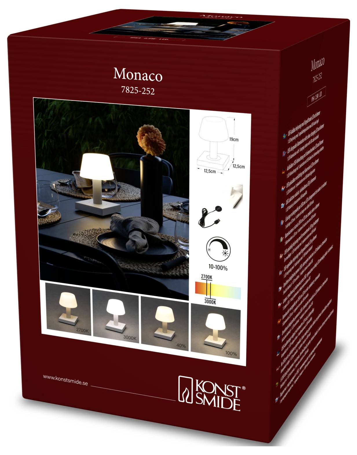 Opakowanie kartonowe lampy 'Monaco 7825-252' firmy Konstsmide, przedstawiające scenę stylistyczną, wymiary lampy, opcje kolorystyczne oraz funkcję przyciemniania.