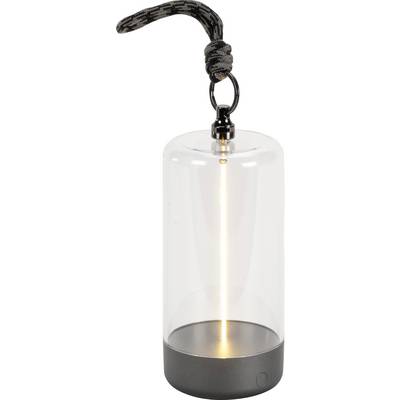 Cylindryczny lampion z czarną podstawą i linową rączką, emitujący ciepłe światło przez pionowy filament umieszczony wewnątrz przezroczystej szklanej obudowy.