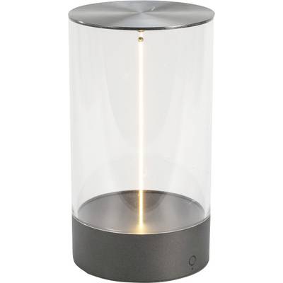 Cylindryczna szklana lampa LED z metalową podstawą i górną częścią, wyposażona w pionowy pasek świetlny pośrodku.