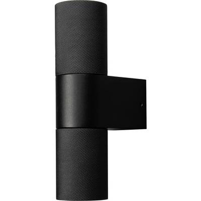 Nowoczesna czarna cylindryczna oprawa ścienna ze światłem w postaci dwóch teksturowanych rurkowych lamp, z których jedna skierowana jest w górę, a druga w dół, zamontowana na kwadratowej podstawie.