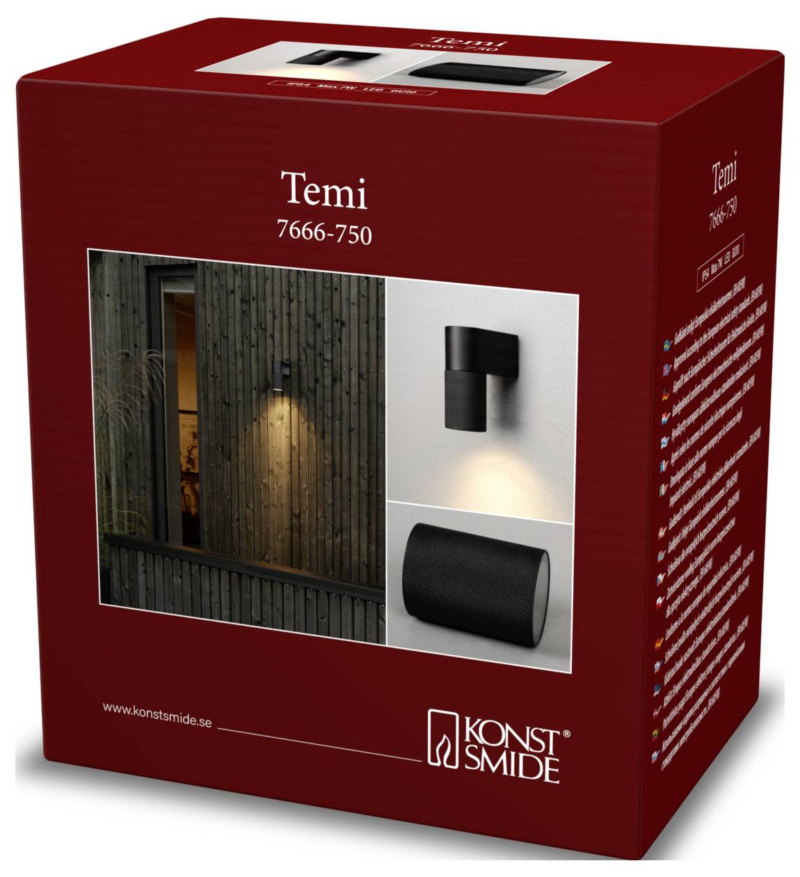 Pudełko do lampy ściennej Konstsmide Temi 7666-750 do montażu na zewnątrz, przedstawiające czarną cylindryczną oprawę świetlną i oświetloną drewnianą ścianę zewnętrzną.