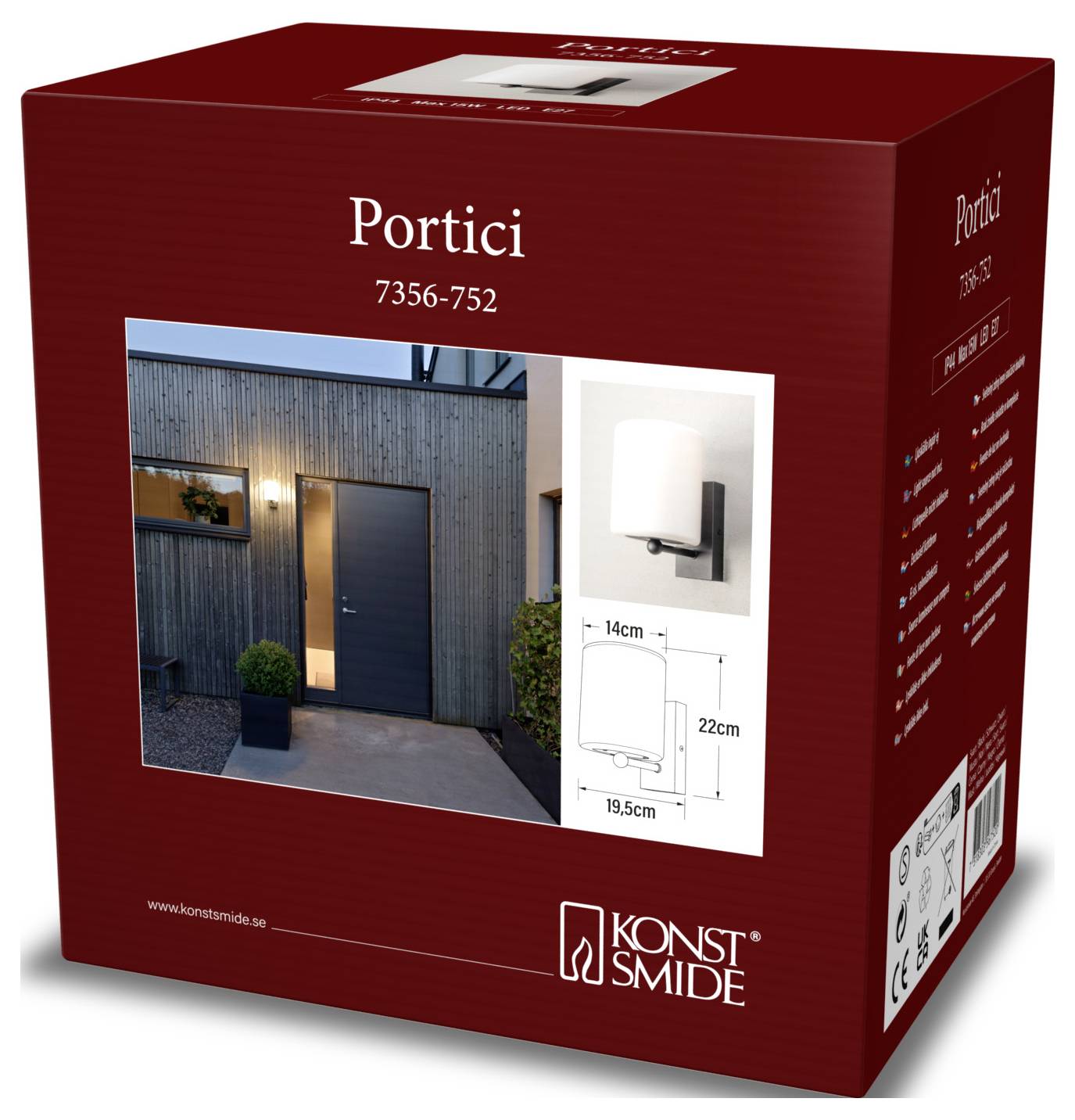 Oświetlenie ścienne Konstsmide Portici do użytku zewnętrznego. Opakowanie kartonowe z ilustracją lampy zamontowanej przy drzwiach, wymiary 14x22x19,5 cm.