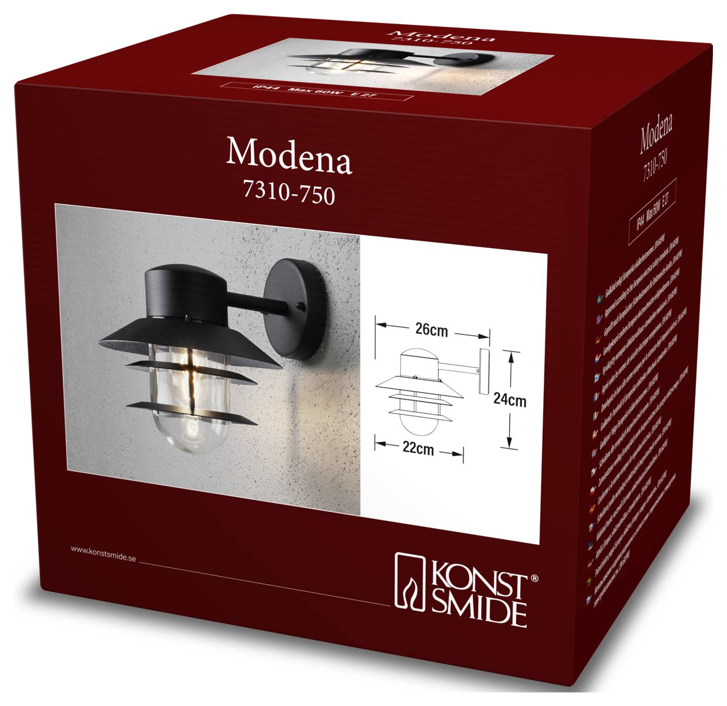 Pudełko produktowe lampy ściennej 'Modena 7310-750' firmy Konst Smide. Zdjęcie prezentuje zamontowaną lampę, wymiary: 26x24x22 cm.