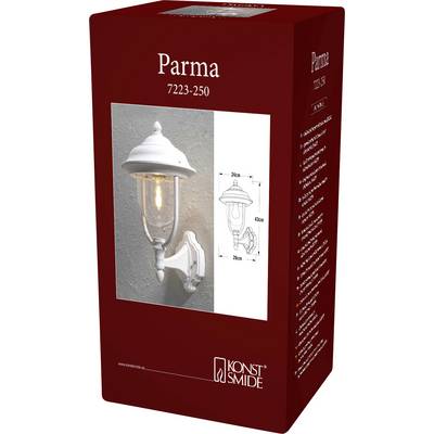 Kinkiet ścienny 'Parma 7223-250' z wyświetlonym obrazem produktu, wymiarami (45 cm wysokości, 27 cm głębokości) oraz oznakowaniem marki Konstsmide.
