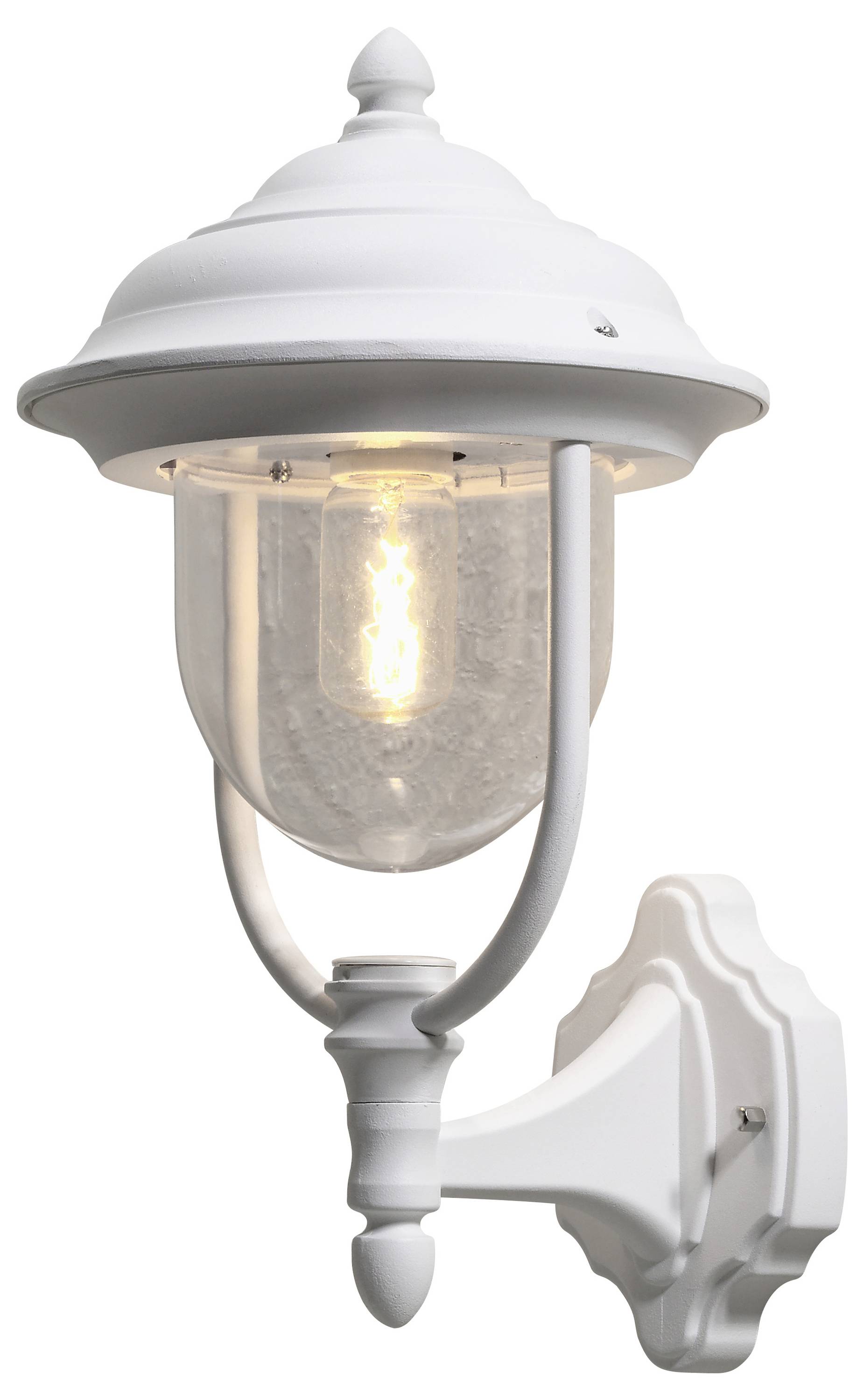 Biała, stylizowana na vintage lampka ścienna do użytku na zewnątrz z przezroczystym, teksturowanym szklanym kloszem, prezentująca świecącą żarówkę.