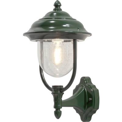 Klasyczna lampa ścienna do użytku na zewnątrz w ciemnozielonym, wypolerowanym kolorze, wyposażona w przezroczystą, kopułową szybę, wewnątrz której znajduje się świecąca żarówka, zamocowana na ozdobnym uchwycie.