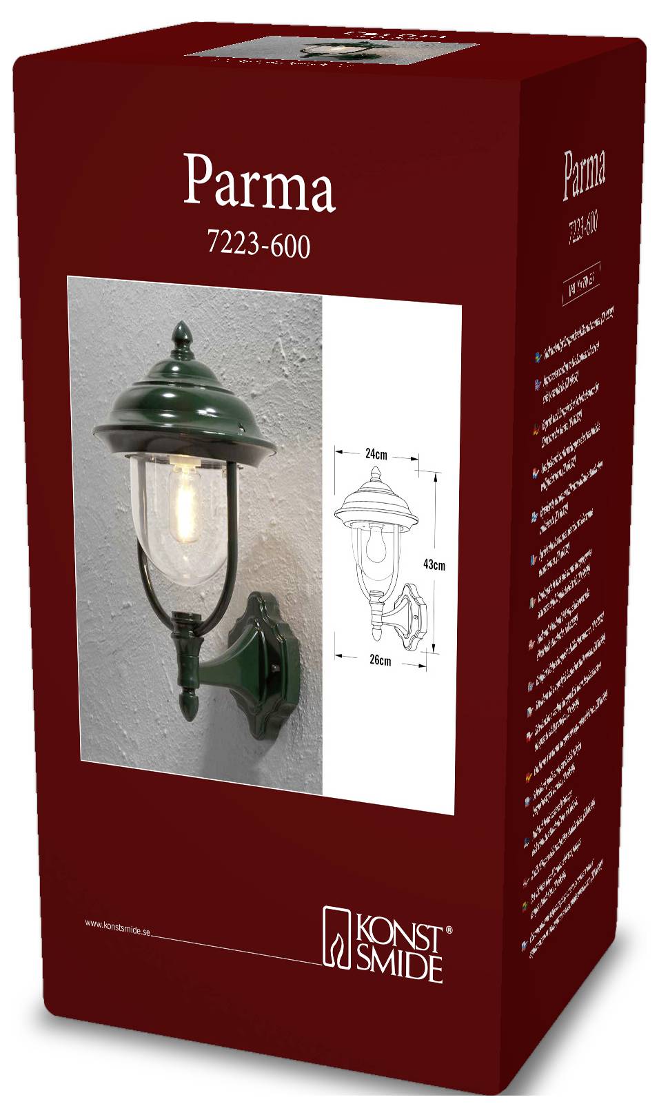 Czerwone pudełko przedstawiające kinkiet zewnętrzny o wymiarach 36 cm x 23 cm. Lampa jest oznaczona jako 'Parma 7223-600' firmy Konst Smide.