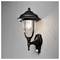 Czarna metalowa lampa ścienna do użytku na zewnątrz z przezroczystą szklaną osłoną, z widoczną włączoną żarówką, zamontowana na jasnoszarej ścianie o teksturowanej powierzchni.