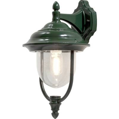 Tradycyjna zielona lampa zewnętrzna w stylu latarni z przezroczystym kloszem szklanym i ciepłą żarówką w środku, zamocowana na ozdobnym wysięgniku.