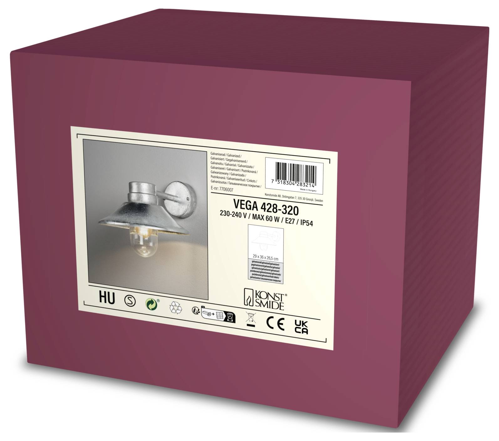 Pudełko przedstawiające naścienny oprawę oświetleniową do użytku zewnętrznego. Etykieta zawiera napis 'VEGA 428-320', podając szczegóły kompatybilności i dane techniczne.