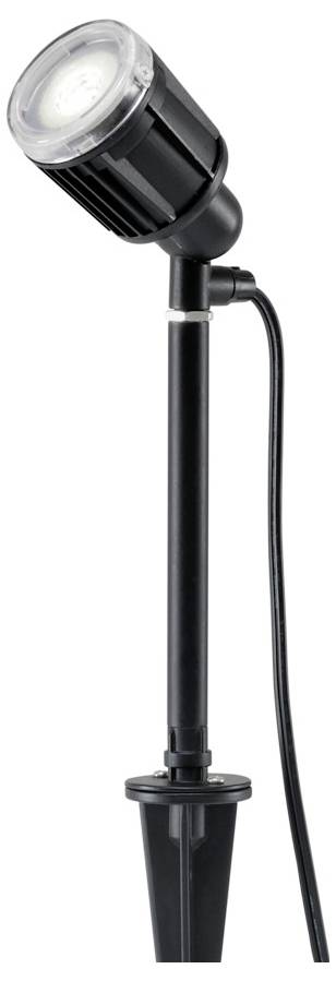 Czarny ogrodowy reflektor gruntowy z cylindryczną głowicą i dołączonym przewodem zasilającym, przeznaczony do oświetlenia zewnętrznego.