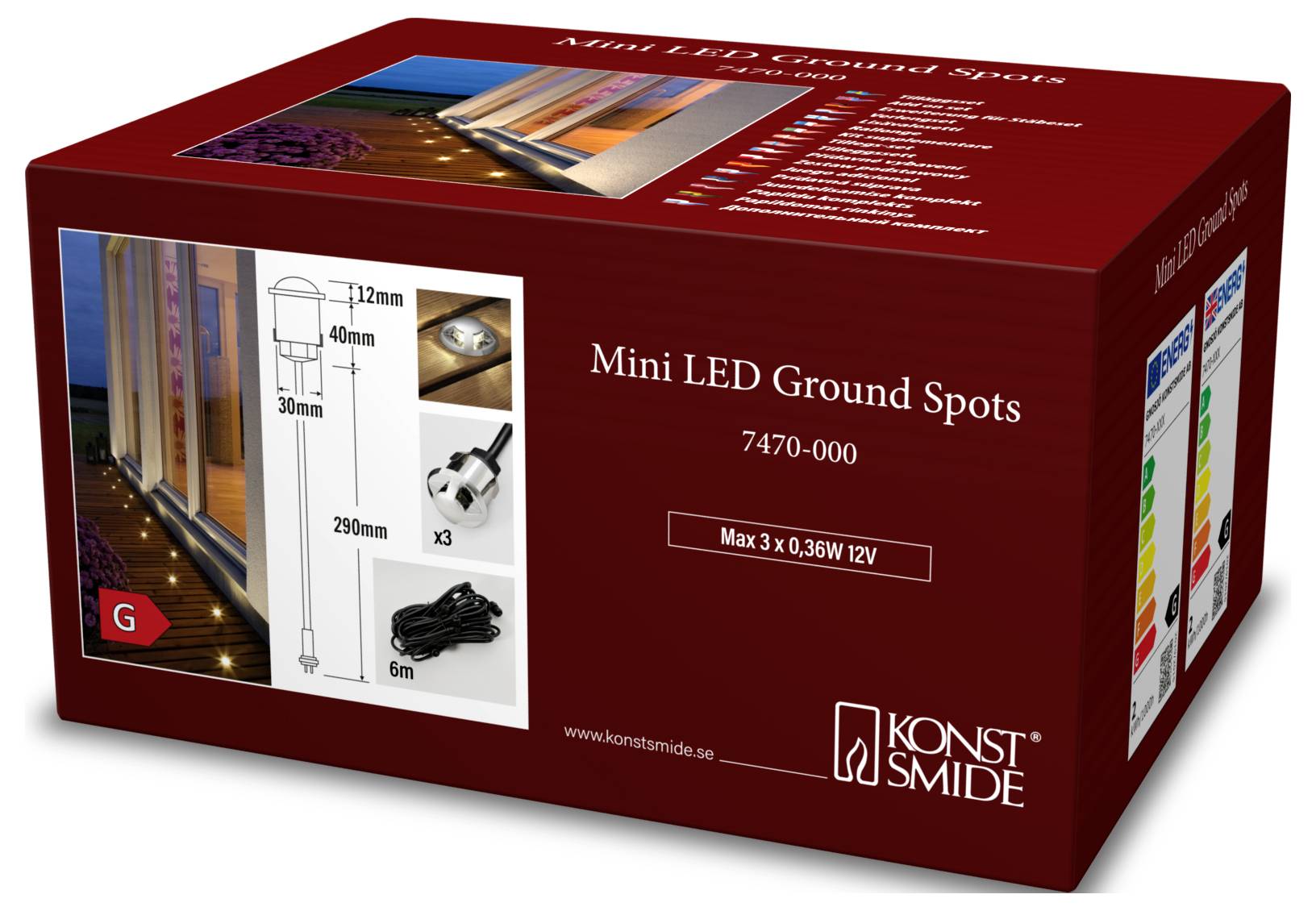 'Mini LED Punkty Naziemne 7470-000' opakowanie. Prezentuje zdjęcie produktu, zawartość opakowania oraz wymiary. Używane do oświetlenia zewnętrznego.