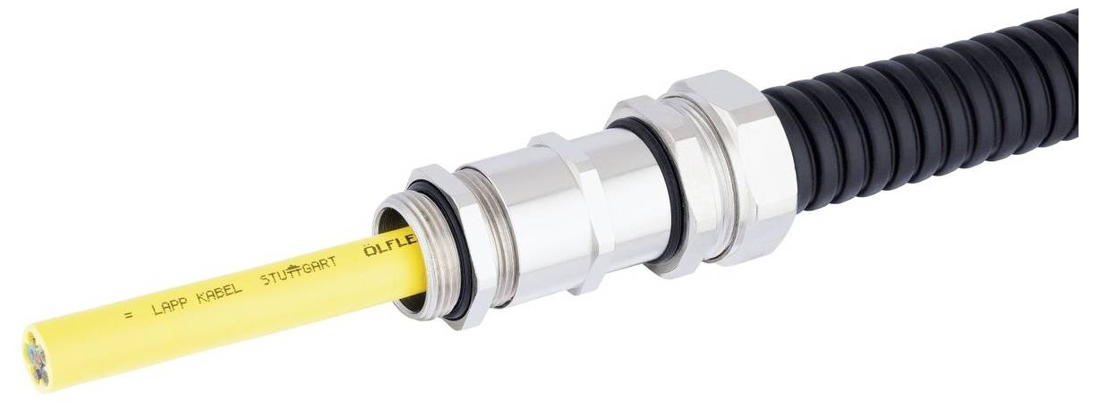 Metalowy dławik kablowy zabezpiecza żółty kabel LAPP KABEL, opisany napisem 'Stuttgart', z czarnym elastycznym przewodem przyłączonym do złącza.
